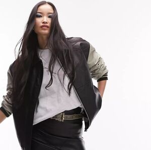 *NWT Topshop Faux Leather Varsity Contrast Sleeve Bomber Jacket